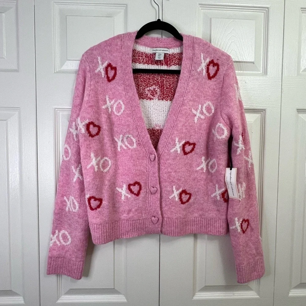 Cupcakes‎ and Cashmere Pink XO Heart Knit Cardigan Sweater Women's M